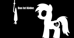 Size: 1136x595 | Tagged: safe, artist:anonymous, imported from derpibooru, oc, oc:aryanne, earth pony, pony, art pack:marenheit 451, /mlp/, black and white, carrot, female, food, german, grayscale, hook, mare, monochrome, nazi, reaction image, solo, swastika, this is bait