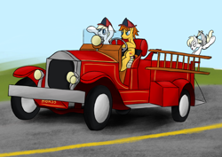 Size: 1488x1053 | Tagged: safe, artist:anonymous, imported from derpibooru, oc, oc:aryanne, oc:fireaxe, oc:luftkrieg, earth pony, pegasus, pony, art pack:marenheit 451, /mlp/, female, fire engine, firefighter, firefighter helmet, helmet, mare, nazi, swastika