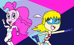 Size: 1283x790 | Tagged: safe, artist:logan jones, imported from derpibooru, fili-second, pinkie pie, equestria girls, anime, crossover, fast, female, femboy, male, power ponies, running, semi-suggestive, skintight clothes, spongebob squarepants, superhero, the quickster