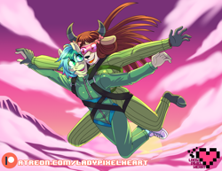 Size: 4400x3400 | Tagged: safe, artist:ladypixelheart, imported from derpibooru, sandbar, yona, anthro, clothes, commission, falling, female, goggles, harness, jumpsuit, male, parachute, patreon, patreon logo, shipping, sky, skydiving, straight, tack, yonabar