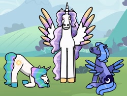 Size: 1280x960 | Tagged: safe, artist:kindheart525, imported from derpibooru, princess celestia, princess luna, oc, oc:gaia, alicorn, pegasus, unicorn, auraverse, alicorn oc, female, horn, mother and child, mother and daughter, pegasus luna, race swap, story included, unicorn celestia, wings, young celestia, young luna