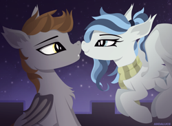 Size: 1632x1192 | Tagged: safe, artist:andaluce, imported from derpibooru, oc, oc only, oc:devin, oc:haze northfleet, bat pony, pegasus, boop, clothes, cute, female, flying, looking at each other, male, night, night sky, oc x oc, scarf, shipping, sky, straight