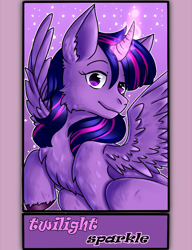 Size: 1037x1351 | Tagged: safe, alternate version, artist:d3legion, imported from derpibooru, twilight sparkle, alicorn, pony, bust, chest fluff, curved horn, female, glowing horn, horn, mare, smiling, solo, twilight sparkle (alicorn), unshorn fetlocks