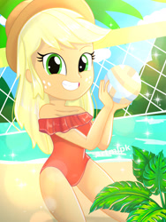 Size: 1800x2400 | Tagged: safe, artist:artmlpk, imported from derpibooru, applejack, equestria girls, adorable face, adorasexy, adorkable, alternate hairstyle, applejack's hat, ball, beach, beautiful, clothes, cowboy hat, cute, digital art, dork, female, grin, hat, jackabetes, lens flare, looking at you, net, one-piece swimsuit, palm tree, plant, sexy, smiley face, smiling, smiling at you, solo, sports, swimsuit, tree, volleyball, volleyball net, water, watermark