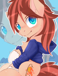 Size: 1000x1300 | Tagged: source needed, safe, artist:lostdreamm, imported from derpibooru, oc, oc only, oc:cottonwood kindle, earth pony, pony, chest fluff, clothes, colored pupils, ear fluff, eye clipping through hair, gift art, hoodie, looking at you, male, raised hoof, sitting, smiling, solo, stallion, zoom layer
