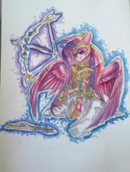 Size: 514x679 | Tagged: safe, artist:kiwwsplash, imported from derpibooru, princess cadance, alicorn, pony, armor, arrow, bow (weapon), clothes, female, glowing horn, horn, magic, mare, quiver, solo, telekinesis, traditional art