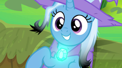 Size: 1280x720 | Tagged: safe, artist:disneymarvel96, edit, edited screencap, editor:disneymarvel96, imported from derpibooru, screencap, trixie, pony, unicorn, brooch, cape, clasp, clothes, female, glow, glowing, hat, solo, trixie's cape, trixie's glowing brooch, trixie's hat