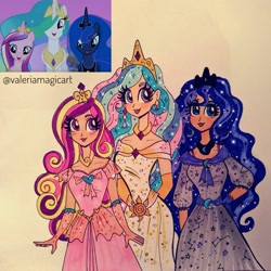 Size: 1999x2001 | Tagged: safe, artist:valeriamagicart, imported from derpibooru, screencap, princess cadance, princess celestia, princess luna, alicorn, human, twilight's kingdom, blushing, clothes, crown, gloves, humanized, jewelry, regalia, scene interpretation, screencap reference, traditional art