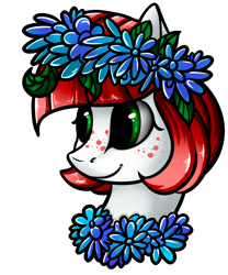 Size: 1500x1800 | Tagged: safe, artist:intfighter, imported from derpibooru, oc, oc only, earth pony, pony, bust, earth pony oc, floral head wreath, flower, freckles, simple background, smiling, solo, transparent background