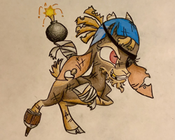 Size: 2357x1886 | Tagged: safe, artist:calebk64, imported from derpibooru, shanty (tfh), goat, them's fightin' herds, amputee, cloven hooves, colored pencil drawing, community related, eyepatch, female, grenade, hoof hold, injured, missing teeth, peg leg, prosthetic leg, prosthetic limb, prosthetics, simple background, solo, traditional art, white background