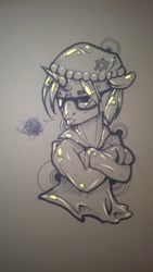 Size: 540x960 | Tagged: safe, artist:kiwwsplash, imported from derpibooru, oc, oc only, pony, unicorn, :p, bust, crossed arms, glasses, hat, horn, lineart, solo, tongue out, traditional art, unicorn oc