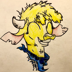 Size: 2663x2663 | Tagged: safe, artist:calebk64, imported from derpibooru, arizona cow, cow, them's fightin' herds, arizona (tfh), cao, colored pencil drawing, community related, eyes closed, female, moo, simple background, smiling, solo, traditional art, white background