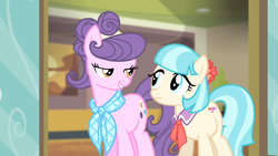 Size: 1280x720 | Tagged: safe, imported from derpibooru, screencap, coco pommel, suri polomare, earth pony, pony, rarity takes manehattan, duo, duo female, eye contact, female, looking at each other, mare