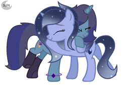 Size: 851x580 | Tagged: safe, artist:stellamoonshine, artist:stellamoonshineyt, imported from derpibooru, oc, oc only, oc:savannah london, oc:stella moonshine, alicorn, pony, butt, eyes closed, female, flower, hug, mare, offspring, parent:princess luna, parent:stygian, plot, simple background, white background