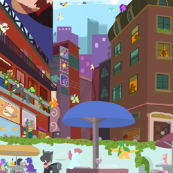 Size: 1000x1000 | Tagged: safe, artist:cables, imported from derpibooru, oc, changeling, earth pony, pegasus, unicorn, billboard, changeling oc, city, cityscape, earth pony oc, horn, lineless, pegasus oc, restaurant, scenery, scenery porn, unicorn oc, wings