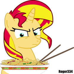 Size: 1053x1055 | Tagged: safe, artist:roger334, imported from derpibooru, sunset shimmer, pony, unicorn, angry, bowl, chinese food, chopsticks, female, food, glare, looking at you, noodles, simple background, solo, transparent background, vector