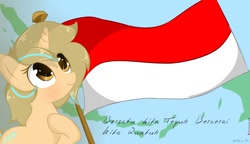 Size: 1000x576 | Tagged: safe, artist:grithcourage, imported from derpibooru, oc, oc only, oc:grith courage, pony, unicorn, adorable face, cute, female, independence day, indonesia, landscape #xx, map, mare, solo, text, title