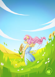 Size: 955x1351 | Tagged: safe, artist:mysticalpha, imported from derpibooru, fluttershy, anthro, clothes, dress, female, flower, solo