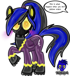 Size: 3840x4154 | Tagged: safe, artist:damlanil, imported from derpibooru, oc, oc only, oc:labys, pegasus, pony, boots, clothes, collar, comic, commission, costume, female, gas mask, hazmat pony drone, heart, heart eyes, high res, implied nightmare moon, latex, looking at you, mare, mask, misspelling, raised hoof, rubber, rubber drone, shadowbolt drone, shadowbolts, shadowbolts (nightmare moon's minions), shadowbolts costume, shiny, shiny mane, shoes, show accurate, simple background, solo, transformation, transparent background, vector, wingding eyes, wings