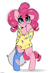 Size: 2000x3000 | Tagged: safe, artist:skitsniga, artist:skitsroom, imported from derpibooru, pinkie pie, earth pony, semi-anthro, alternate hairstyle, bipedal, blushing, cheek fluff, clothes, cute, diapinkes, ear down, female, looking at you, one ear down, pajamas, pillow, simple background, sock, solo, white background