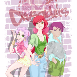 Size: 2539x2539 | Tagged: safe, artist:chombeau, imported from derpibooru, apple bloom, scootaloo, sweetie belle, human, cutie mark crusaders, female, graffiti, high res, humanized, pose, trio, trio female