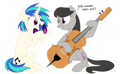 Size: 4000x2400 | Tagged: safe, artist:yaaaco, artist:yaco, imported from derpibooru, dj pon-3, octavia melody, vinyl scratch, earth pony, pony, unicorn, amazed, cello, female, impressed, lesbian, mare, musical instrument, open mouth, raised eyebrow, raised hoof, scratchtavia, shipping, simple background, sitting, vinyl's glasses, white background