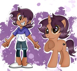 Size: 1024x952 | Tagged: safe, artist:doraeartdreams-aspy, imported from derpibooru, human, pony, unicorn, clothes, ear piercing, earring, hoodie, human ponidox, humanized, jewelry, leggings, luz noceda, piercing, ponified, self paradox, self ponidox, shoes, shorts, the owl house