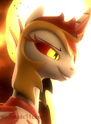 Size: 2160x2923 | Tagged: safe, artist:mod-madclicker, imported from derpibooru, daybreaker, alicorn, pony, 3d, armor, ash, female, grin, looking away, mare, smiling, solo, source filmmaker