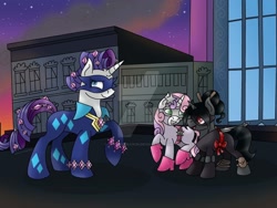 Size: 1024x768 | Tagged: safe, artist:lavenderrain24, imported from derpibooru, radiance, rarity, sweetie belle, oc, oc:ebony darkness, unicorn, city, cityscape, clothes, costume, female, filly, night, power ponies, shadow striker, silver stardust