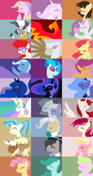 Size: 900x1692 | Tagged: safe, artist:icekatze, imported from derpibooru, allie way, apple bloom, candy mane, daisy, dj pon-3, fleur-de-lis, flower wishes, gilda, holly dash, lily, lily valley, limestone pie, marble pie, mayor mare, mjölna, nightmare moon, philomena, princess celestia, princess luna, roseluck, scootaloo, silver spanner, spring melody, sprinkle medley, sweetie belle, trixie, twist, vinyl scratch, wild fire, zecora, oc, oc:fausticorn, alicorn, earth pony, griffon, pegasus, phoenix, pony, unicorn, zebra, apple bloom's bow, background pony, bow, cape, clothes, cutie mark crusaders, everypony, eyes closed, female, flower trio, hair bow, lauren faust, mare, royal sisters, s1 luna, sisters, trixie's cape