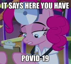 Size: 748x675 | Tagged: safe, imported from derpibooru, screencap, pinkie pie, pony, the summer sun setback, caption, clothes, coronavirus, covid-19, doctor, female, image macro, mare, meme, shitposting, solo, text