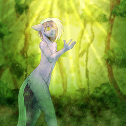 Size: 3300x3300 | Tagged: safe, artist:tuzz-arts, imported from derpibooru, oc, oc only, oc:berry frost, anthro, anthro oc, blurry background, butt freckles, chest fluff, chest freckles, ear freckles, featureless crotch, fluffy, forest, freckles, male, multicolored hair, nudist, nudity, rain, rainforest, shoulder fluff, shoulder freckles, solo