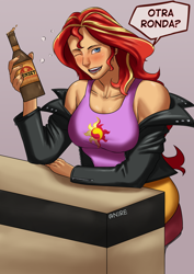 Size: 2480x3508 | Tagged: safe, artist:nire, imported from derpibooru, sunset shimmer, human, equestria girls, alcohol, beer, blushing, breasts, busty sunset shimmer, clothes, dialogue, drunk, drunker shimmer, fallout, fallout: new vegas, female, jacket, looking at you, smiling, smiling at you, solo, spanish, sunset sarsparilla