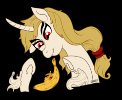 Size: 600x491 | Tagged: safe, artist:ghouleh, imported from derpibooru, oc, oc only, oc:regal inkwell, classical unicorn, pony, unicorn, animated, banana, cloven hooves, curved horn, food, horn, leonine tail, male, red eyes, solo, stallion, unshorn fetlocks, wat