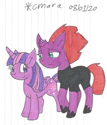 Size: 1031x1203 | Tagged: safe, artist:cmara, imported from derpibooru, tempest shadow, twilight sparkle, alicorn, pony, unicorn, bodysuit, broken horn, clothes, duo, eye scar, female, hoof shoes, horn, mare, raised hoof, sad, scar, simple background, traditional art, twilight sparkle (alicorn), white background