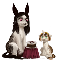 Size: 4000x4000 | Tagged: safe, artist:misstwipietwins, imported from derpibooru, oc, oc:elinvar, oc:oretha, pony, big ears, cake, food, giant pony, macro, size difference