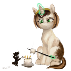 Size: 4000x4000 | Tagged: safe, artist:misstwipietwins, imported from derpibooru, oc, oc:elinvar, oc:inkenel, pony, candle, food, marshmallow, micro, size difference