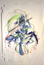 Size: 534x785 | Tagged: safe, artist:kiwwsplash, imported from derpibooru, oc, oc only, anthro, unguligrade anthro, unicorn, clothes, horn, peace sign, shorts, smiling, solo, sword, traditional art, unicorn oc, weapon