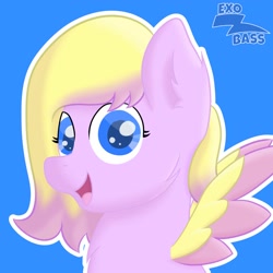 Size: 2000x2000 | Tagged: safe, artist:exobass, imported from derpibooru, oc, oc:cotton cloud, pegasus, pony, bust, female, filly, looking at you, pegasus oc, pink, portrait, raffle prize, wings, yellow