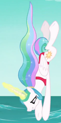 Size: 1136x2271 | Tagged: safe, imported from derpibooru, screencap, princess celestia, alicorn, pony, between dark and dawn, alternate hairstyle, barehoof, bubble, clothes, cropped, cute, diving, female, folded wings, magic, mare, ponytail, smiling, solo, swimsuit, tail bun, telekinesis, wings