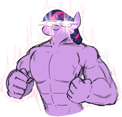Size: 916x875 | Tagged: safe, artist:jargon scott, imported from derpibooru, twilight sparkle, anthro, unicorn, abs, buff, female, fist, glowing eyes, is this a jojo refrence?, mare, muscles, solo, twiggie, twilight muscle