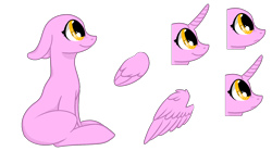 Size: 1920x1071 | Tagged: safe, artist:intfighter, imported from derpibooru, oc, oc only, earth pony, pony, bald, earth pony oc, floppy ears, horn, looking up, simple background, sitting, smiling, transparent background, wings