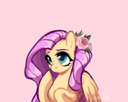 Size: 1511x1207 | Tagged: safe, artist:ijustmari, artist:mari29511905, artist:marichan29, imported from derpibooru, fluttershy, pegasus, pony, colored pupils, cute, female, flower, flower in hair, mare, pink background, shyabetes, simple background, solo