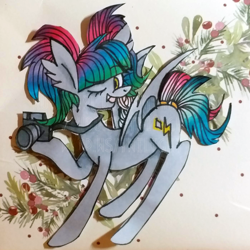 Size: 1398x1398 | Tagged: safe, artist:twilightcomet, imported from derpibooru, oc, oc only, oc:flicker flash, bat pony, pony, bat pony oc, bat wings, camera, female, mare, one eye closed, smiling, solo, traditional art, wings, wink
