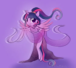 Size: 1203x1080 | Tagged: safe, artist:ijustmari, artist:marichan29, imported from derpibooru, twilight sparkle, alicorn, anthro, alternate hairstyle, clothes, crown, cute, dress, female, jewelry, long dress, ponytail, purple background, regalia, simple background, solo, twiabetes, twilight sparkle (alicorn)