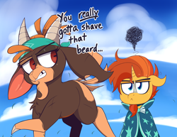 Size: 2648x2048 | Tagged: safe, artist:dragonpone, derpibooru exclusive, imported from derpibooru, shanty (tfh), sunburst, goat, pony, unicorn, them's fightin' herds, bandana, beard, bruh, chest fluff, clothes, cloud, cloven hooves, community related, dialogue, duo, facial hair, female, floppy ears, gap teeth, goatee, grass, horns, hypocrisy, hypocritical humor, lidded eyes, looking back, male, pot calling the kettle black, raised hoof, robe, scar, sky, stallion, sunburst is not amused, sunburst's cloak, sunburst's robe, unamused