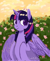 Size: 896x1080 | Tagged: safe, artist:ijustmari, artist:marichan29, imported from derpibooru, twilight sparkle, alicorn, pony, colored pupils, crown, cute, female, flower, heart, heart eyes, jewelry, mare, regalia, solo, twiabetes, twilight sparkle (alicorn), wingding eyes