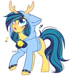 Size: 2000x2086 | Tagged: safe, artist:lazuli, artist:mint-light, imported from derpibooru, oc, oc only, pony, unicorn, :o, antlers, blushing, clothes, commission, costume, heart, hoodie, horn, kigurumi, looking up, open mouth, raised hoof, simple background, solo, surprised, transparent background, unicorn oc, ych result