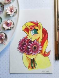 Size: 1620x2160 | Tagged: safe, artist:ijustmari, artist:marichan29, imported from derpibooru, sunset shimmer, pony, unicorn, colored pupils, cute, female, flower, mare, paintbrush, profile, shimmerbetes, smiling, solo, traditional art, watercolor painting