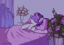 Size: 2048x1431 | Tagged: safe, artist:ijustmari, artist:marichan29, imported from derpibooru, rarity, pony, unicorn, bed, bouquet, female, flower, hair curlers, mare, on bed, pillow, sleep mask, sleeping, solo, vase